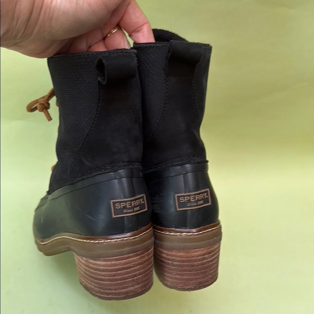 Sperry Black and Brown Winter Rain Boots with Chunky Heels